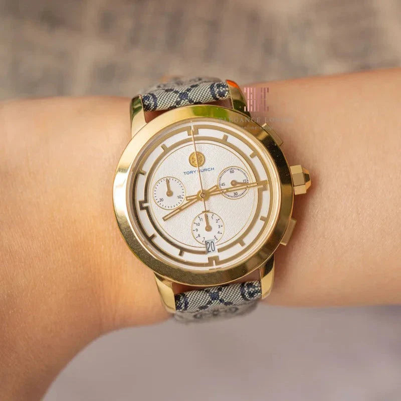 Tory Burch Chronograph Blue Fabric & Luggage Leather Strap 37mm Watch TBW1035