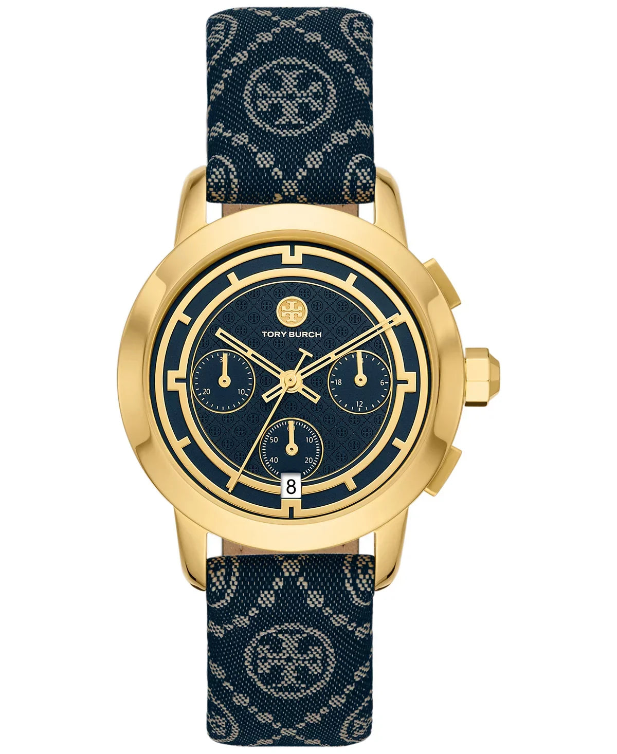 Tory Burch chronograph women's watch with gold-tone case, navy fabric strap with ivory leather panel, navy dial with subdials