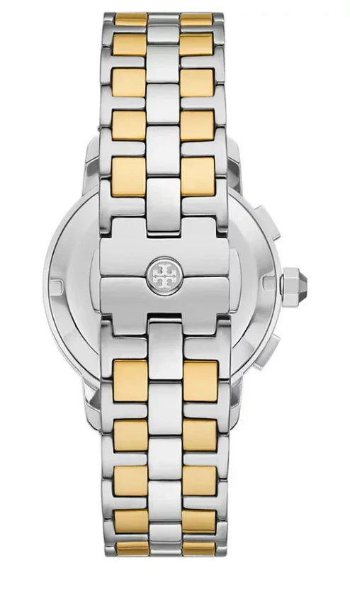 TBW1052 case back showing stainless steel and gold two-tone design with Tory Burch logo