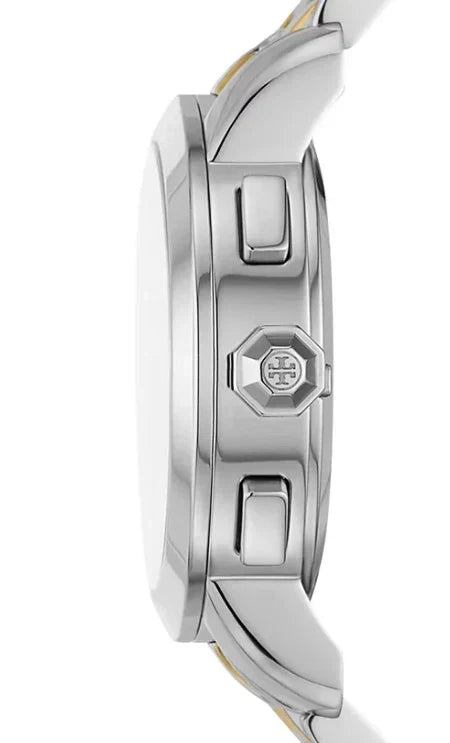 Side profile of Tory Burch TBW1052 showing chronograph pushers and two-tone case profile