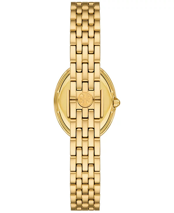 Top-down view of Tory Burch Oval watch with gold bracelet
