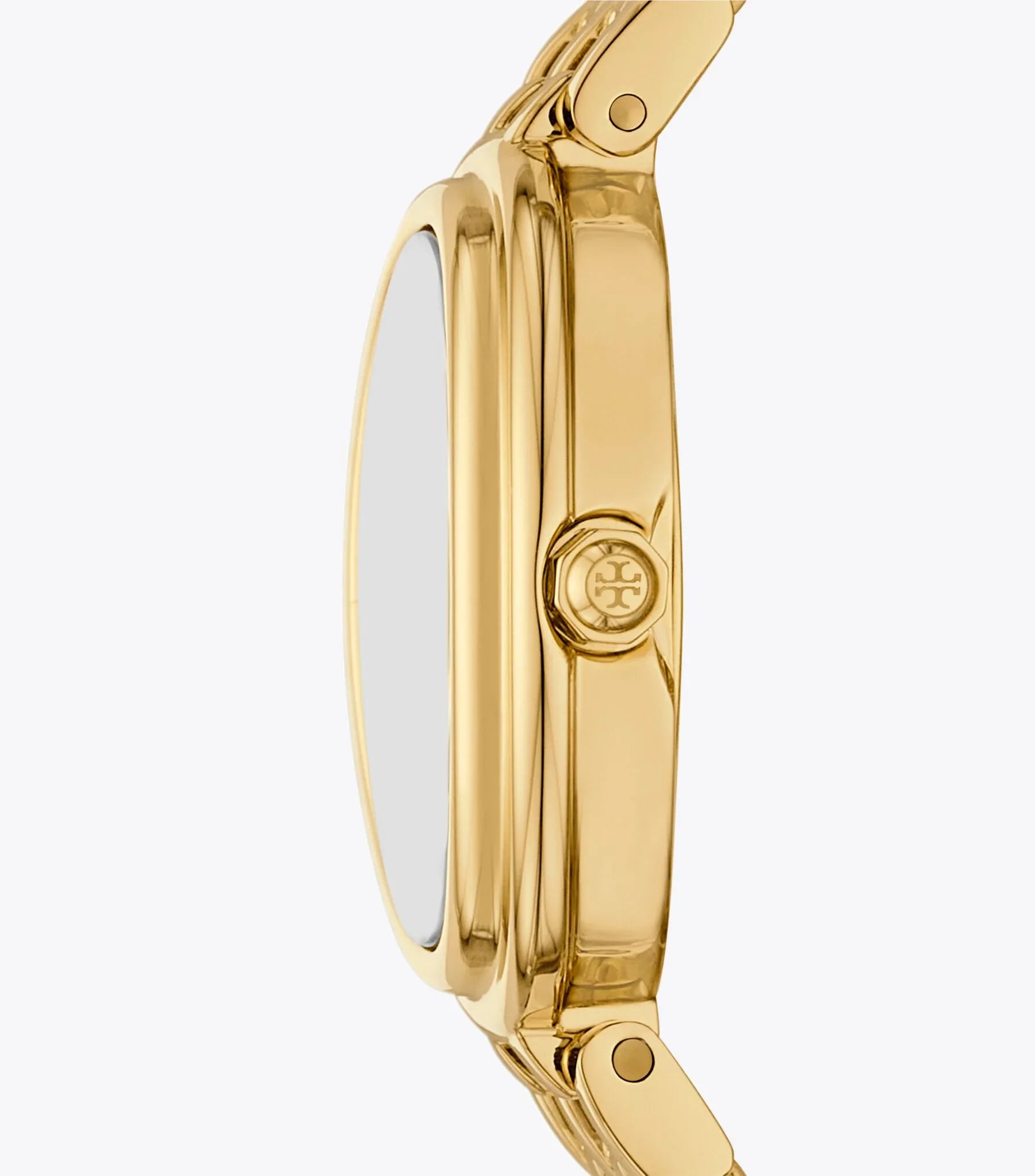 Side view of Tory Burch Oval watch showing gold steel case profile