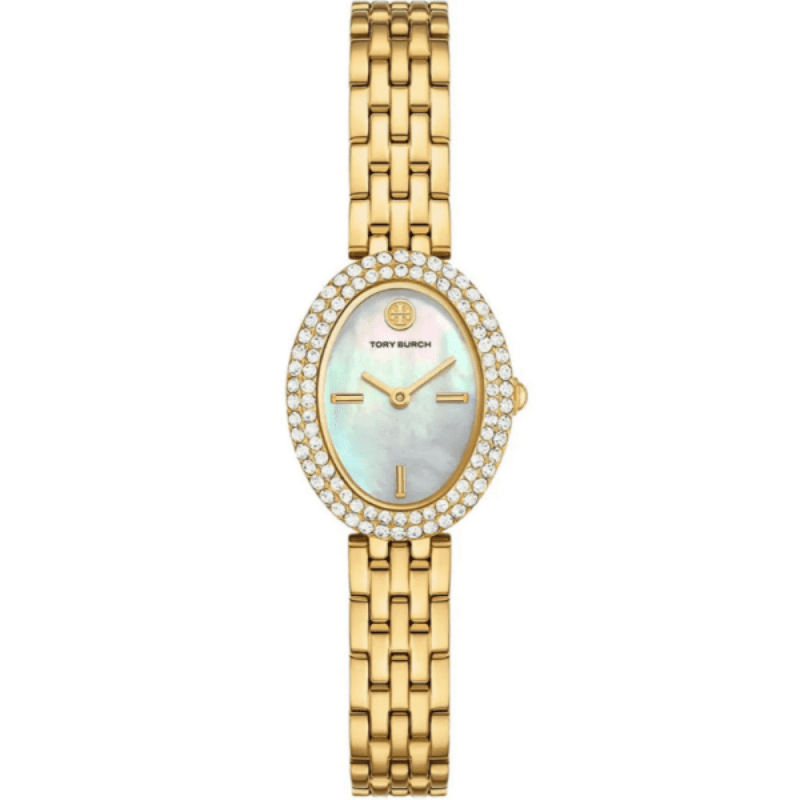 Tory Burch oval mother of pearl dial watch with gold steel strap and diamond bezel