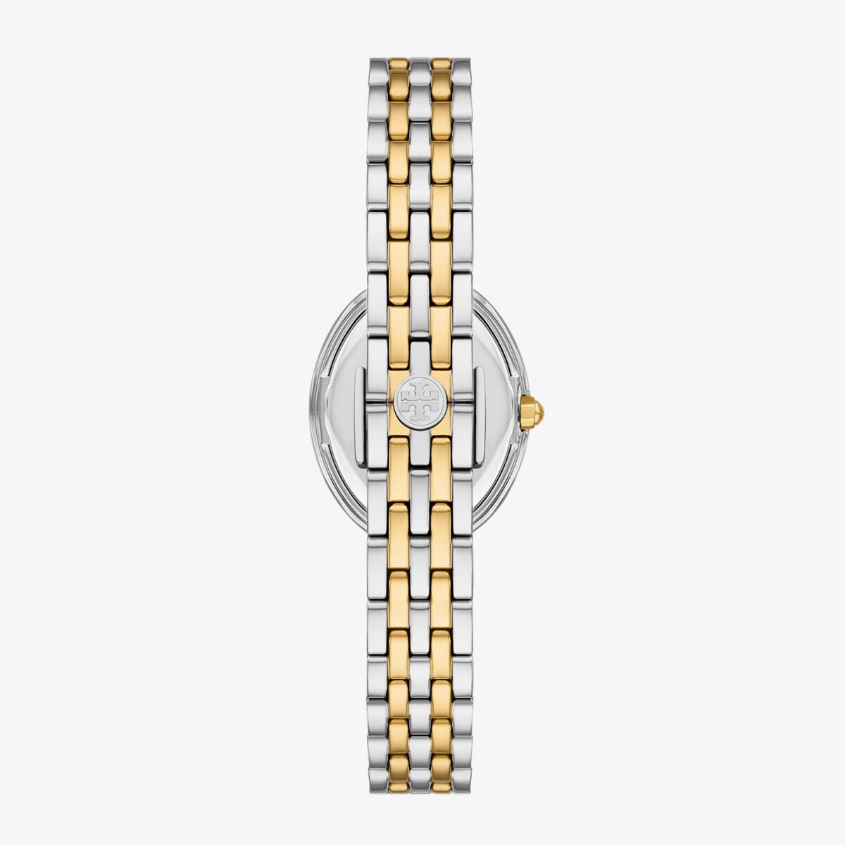 Back view of two-tone Tory Burch oval watch with Tory Burch logo