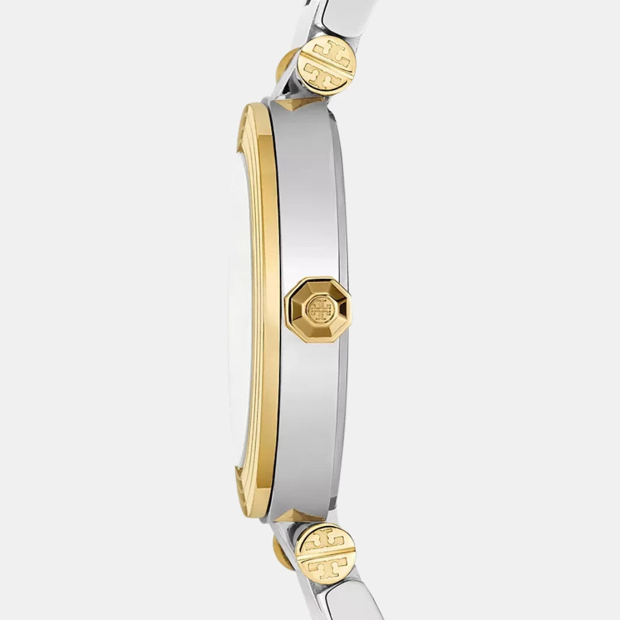 Side profile of Tory Burch Classic T watch showing two-tone gold and silver bracelet