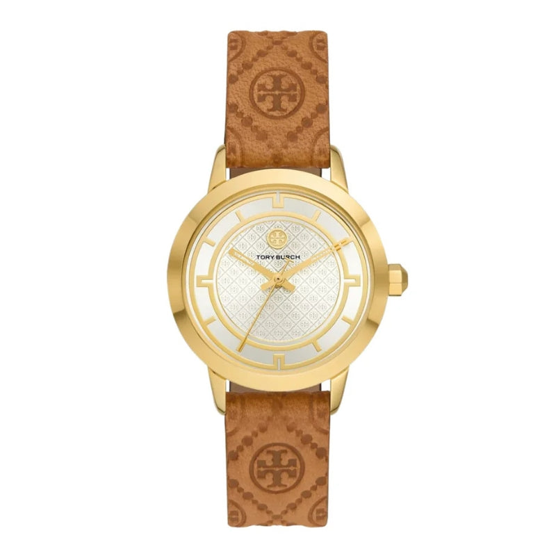 Gold-tone Tory Burch watch at angle showing cream dial and brown monogram leather strap
