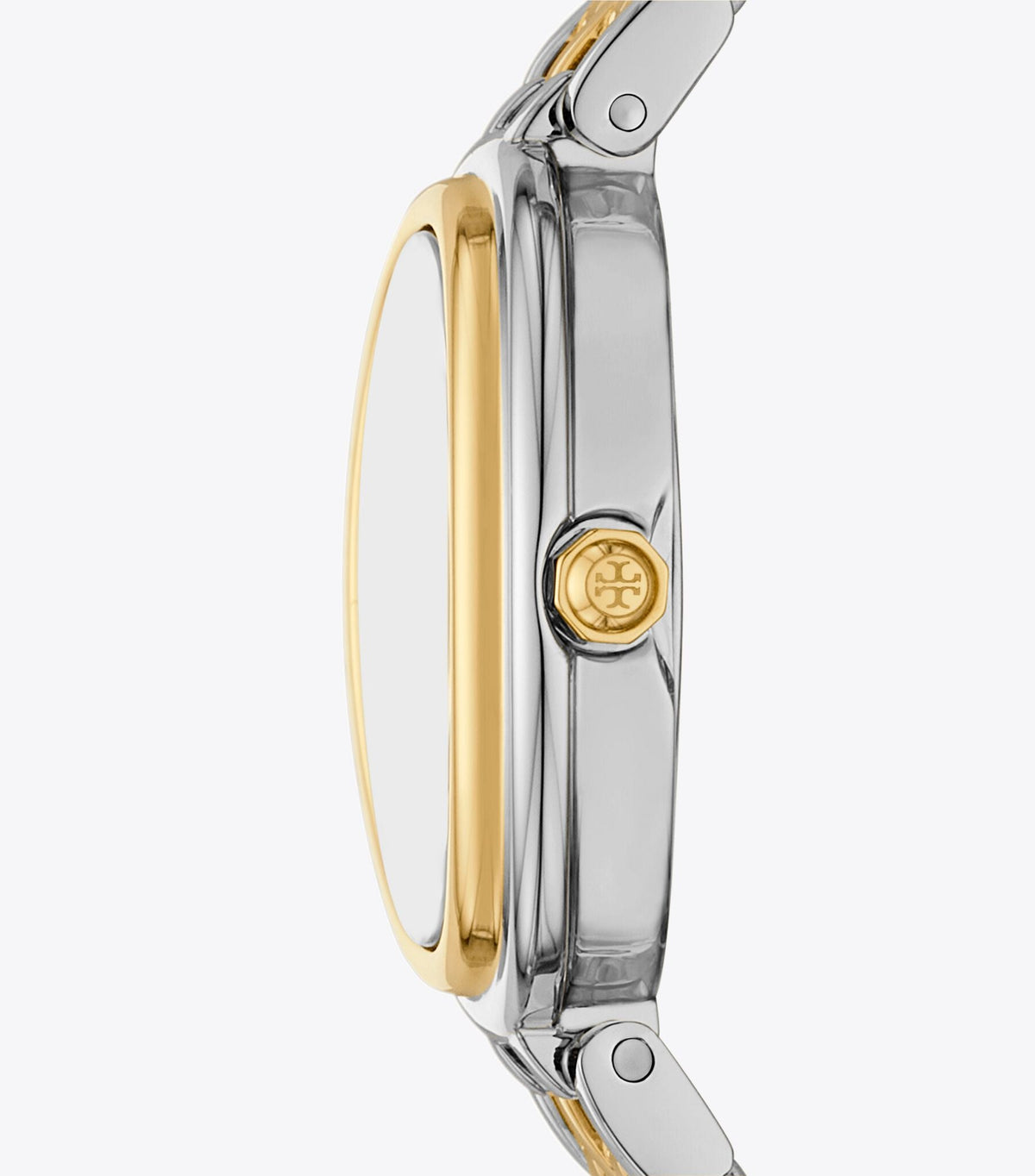 Side view of Tory Burch The Oval watch showing two-tone stainless steel case and bracelet profile