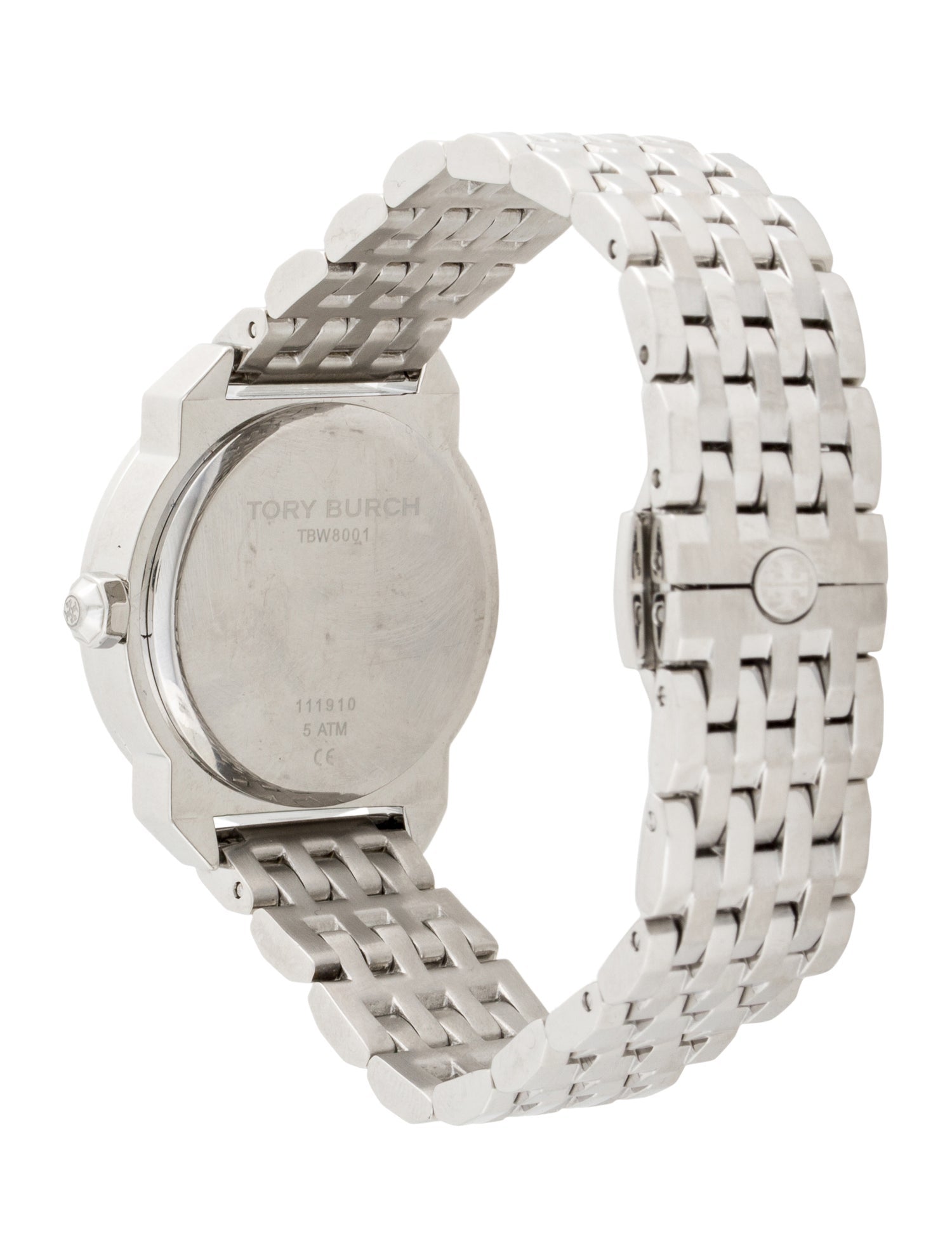 Tory Burch Whitney watch case back with stainless steel bracelet visible