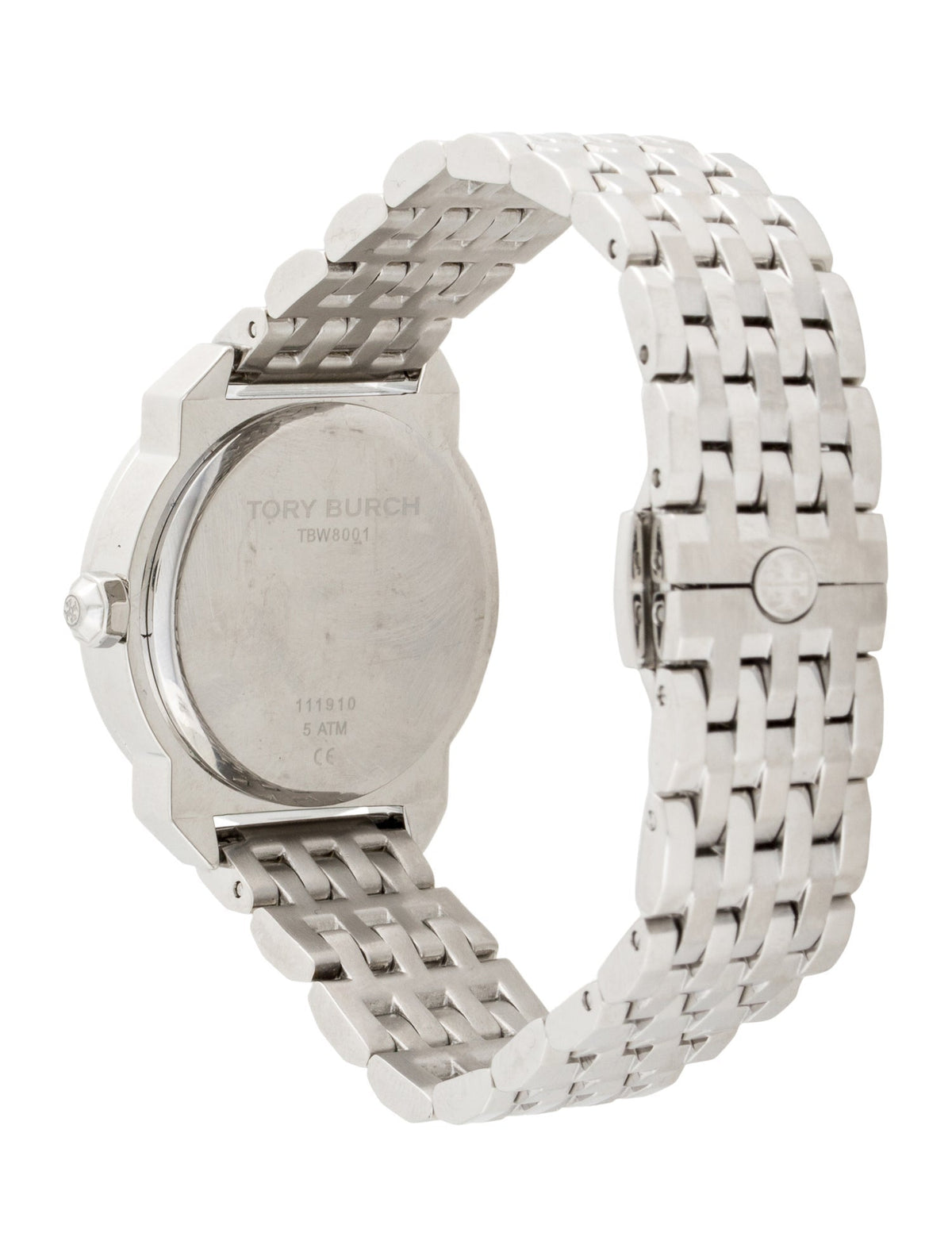 Tory Burch Whitney watch case back with stainless steel bracelet visible