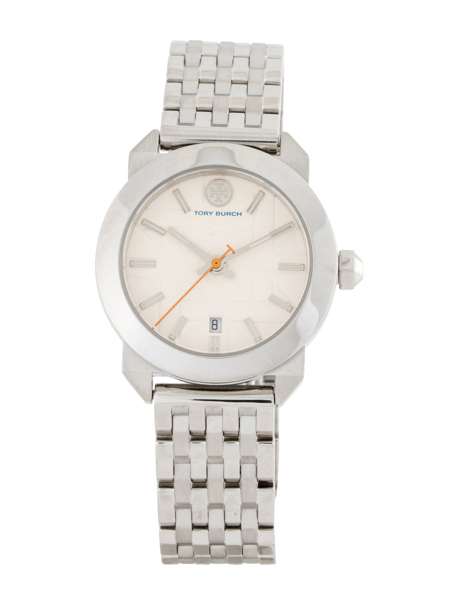 Tory Burch Whitney watch with cream face, gold accents, date window, and stainless steel bracelet