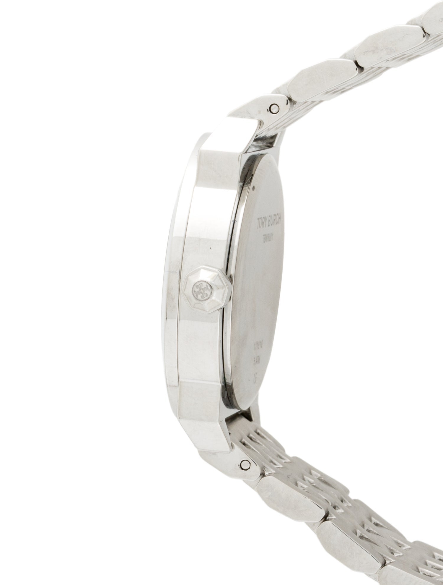 Side profile of Tory Burch Whitney watch showing case thickness and bracelet