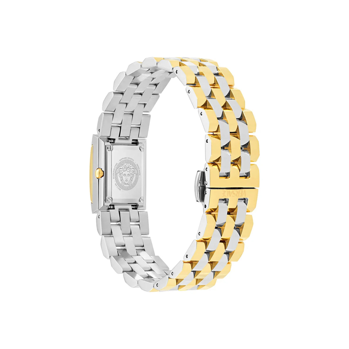 Versace Reveal watch side view showing rectangular case and two-tone bracelet
