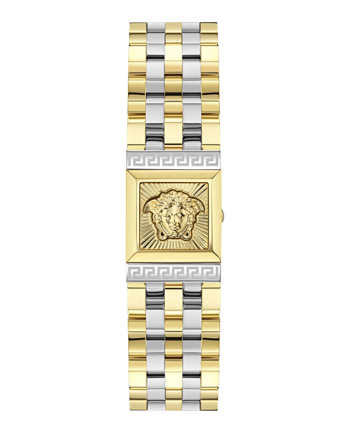 Versace Reveal watch strap and bracelet detail showing two-tone gold and silver links