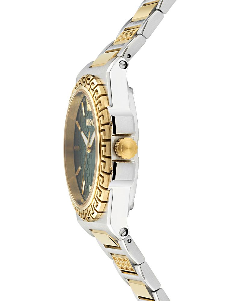 Side profile of Versace Greca Reaction watch with two-tone case and bracelet