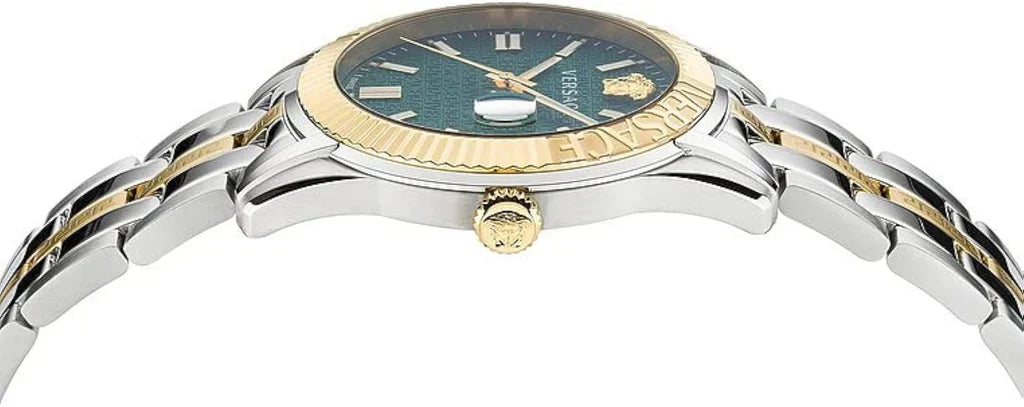 Versace Greca Time watch angled view showing gold fluted bezel and two-tone bracelet