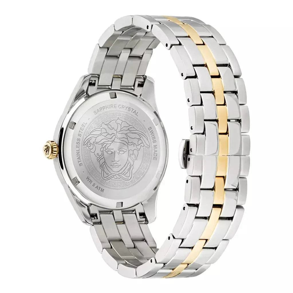Versace Greca Time watch caseback featuring Medusa logo and two-tone bracelet detail