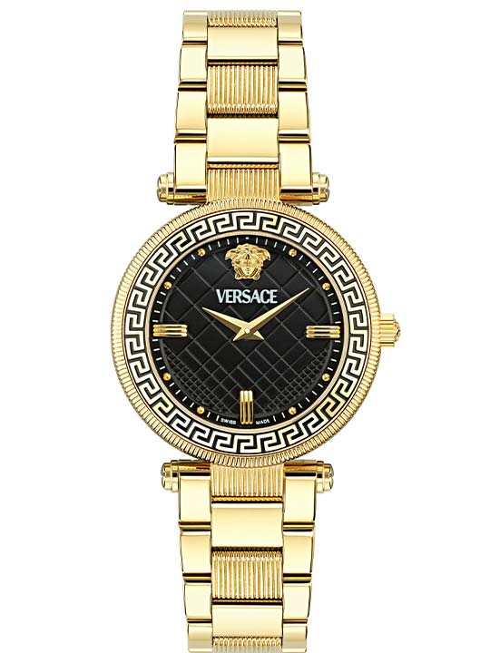 Versace Reve Lady gold watch with black dial and Greek key bezel