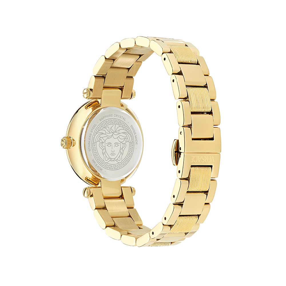 Versace Reve Lady caseback featuring engraved Medusa medallion and gold bracelet