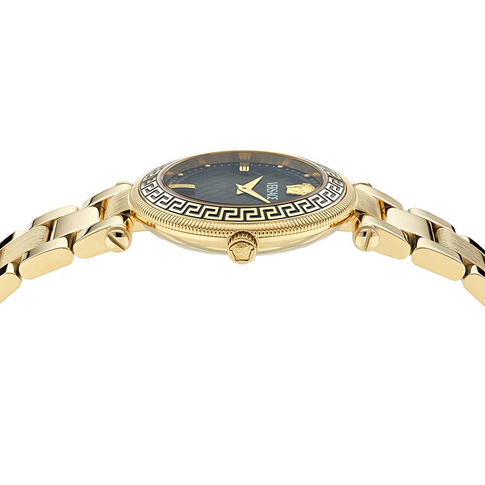 Versace Reve Lady side profile showing black dial and gold bracelet links