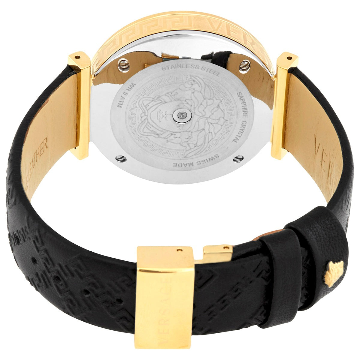 V-Twist watch caseback showing white dial and gold-tone hardware detail