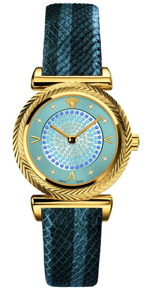 Versace V-Motif women's watch with blue dial, diamond accents, gold case, and blue textured leather strap