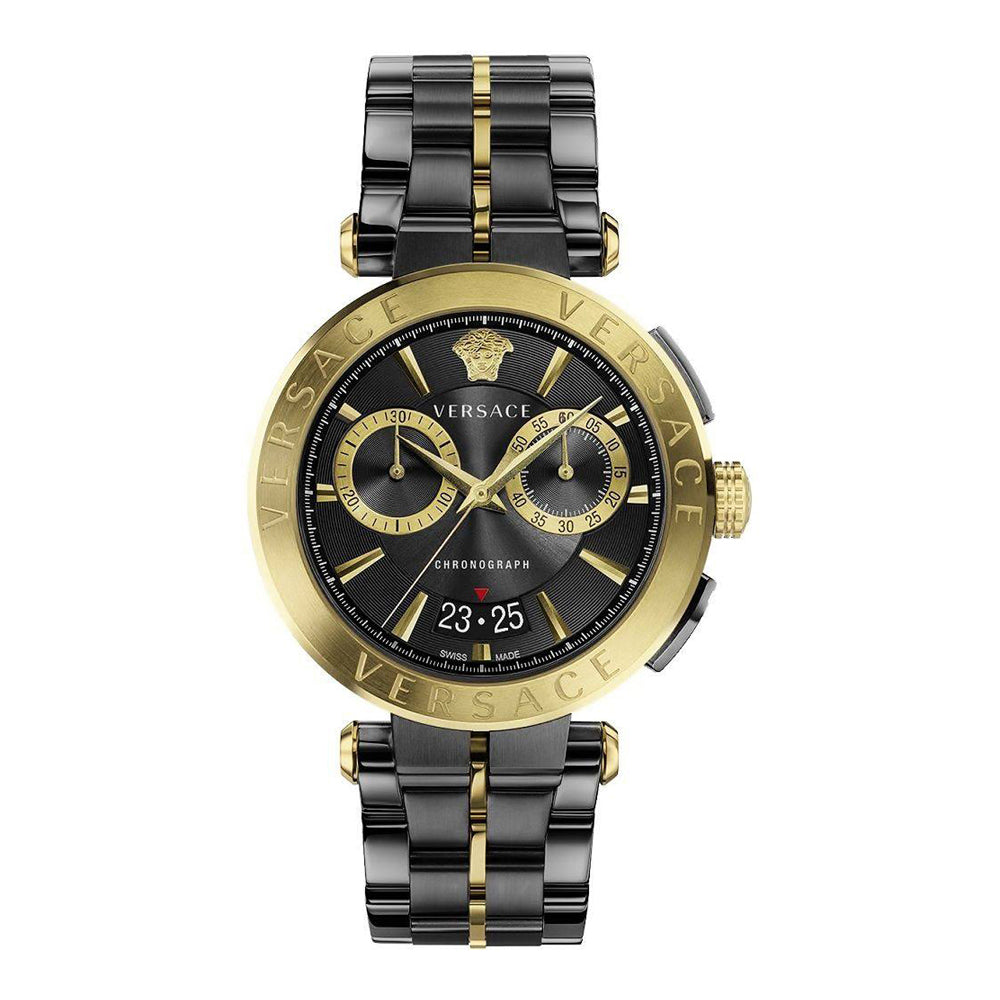 Versace Aion black chronograph watch with gold-tone bezel and black and gold bracelet