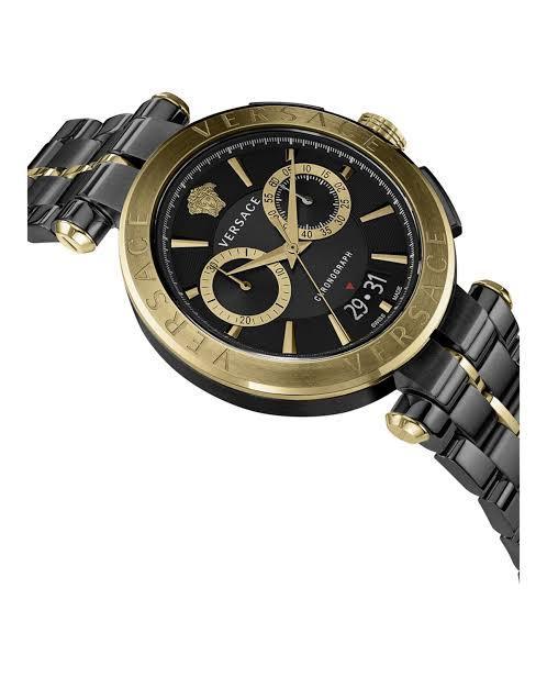 Angled view of Versace Aion chronograph watch with black dial and gold-tone subdials