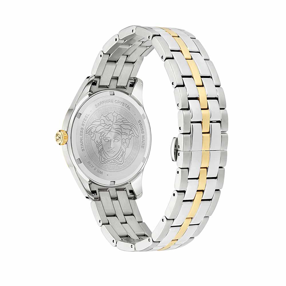 VERSACE Aion Chrono caseback showing Medusa engraving and two-tone bracelet