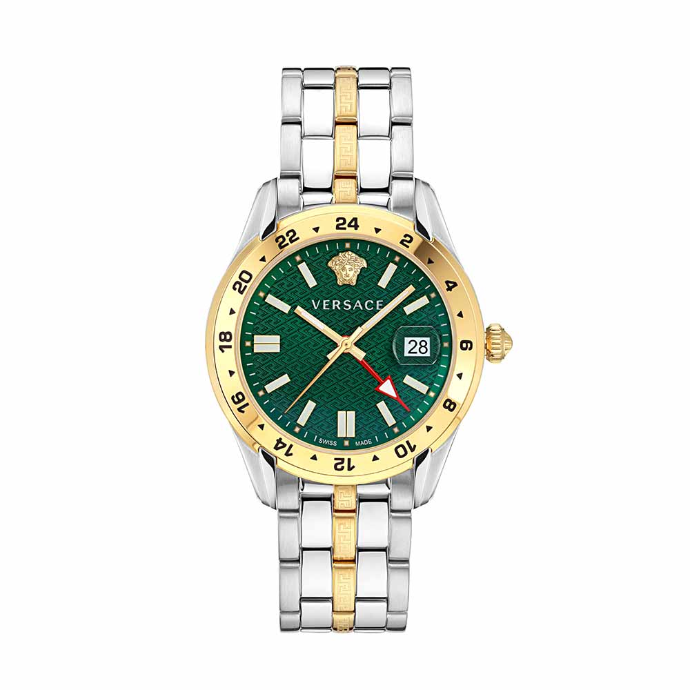 VERSACE Aion Chrono 45mm watch with green dial, two-tone steel and gold bracelet