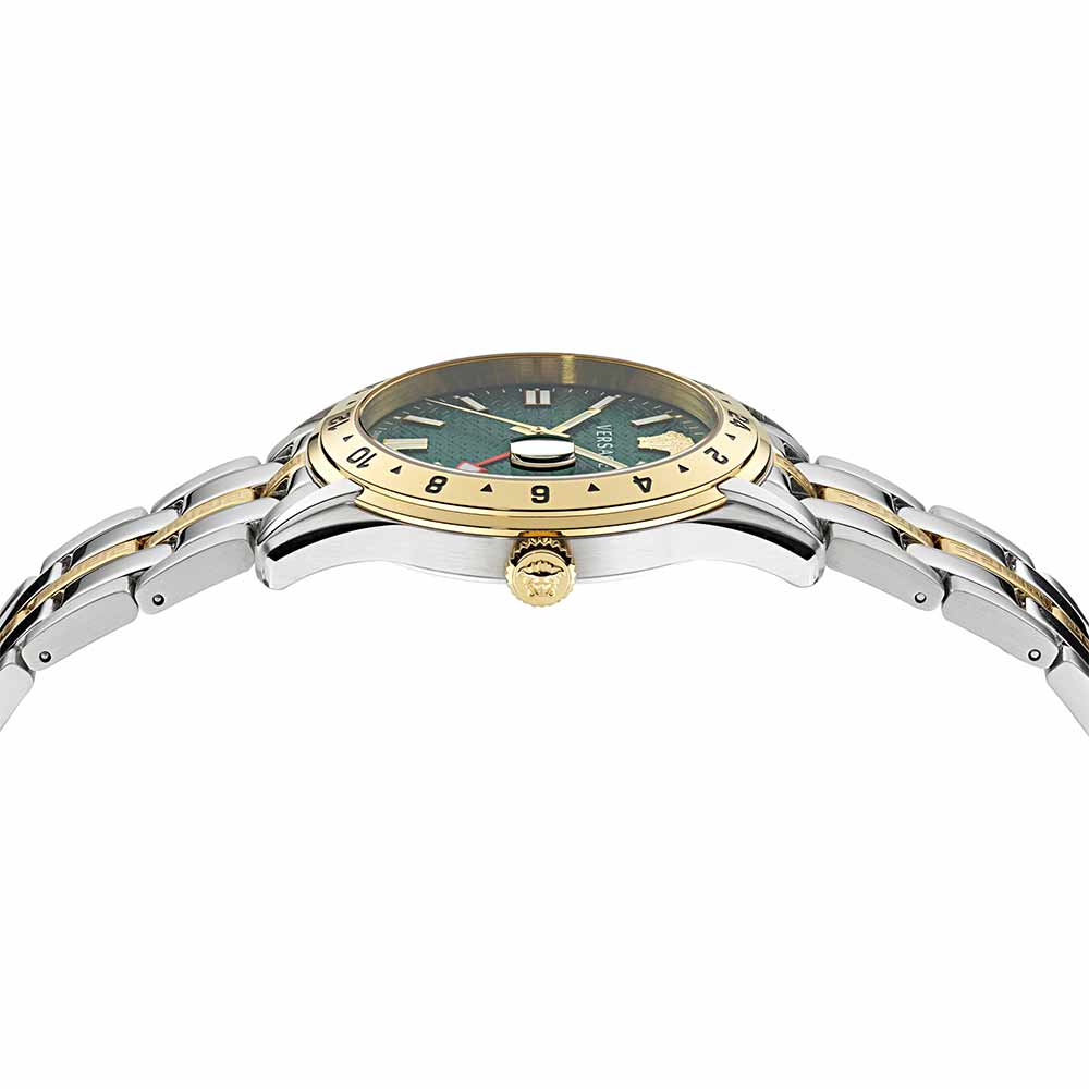 VERSACE Aion Chrono side profile showing case thickness and two-tone bracelet