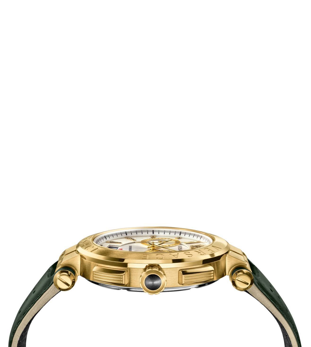 Side view of Versace Aion chronograph watch showing gold case and green leather strap