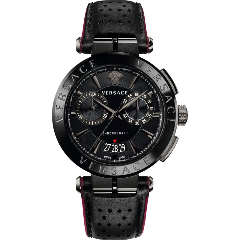 Versace Aion chronograph all-black men's watch with black dial and red-lined leather strap