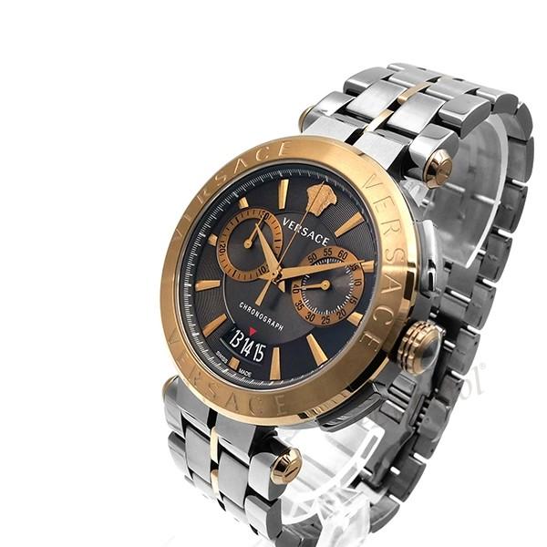Versace Aion men's watch angle view showing silver and bronze two-tone bracelet and bronze bezel