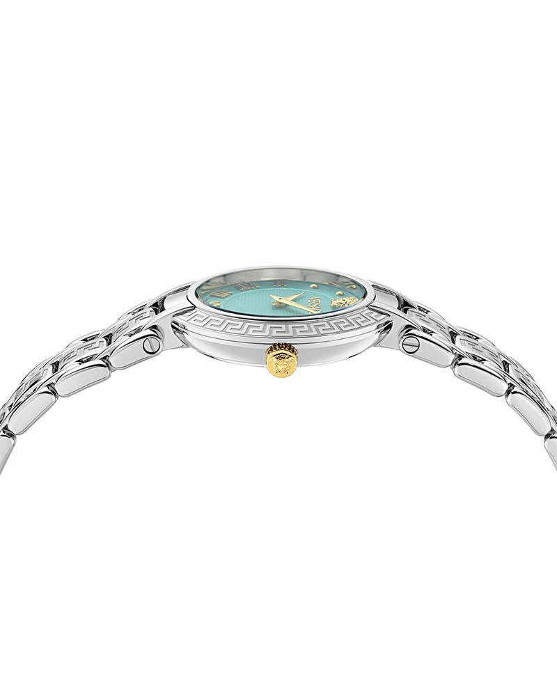 Side angle view of Versace Antlia watch showing case profile with Greek key bezel