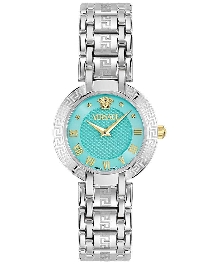 Versace Antlia women's watch with light blue guilloché dial, Roman numerals, and silver bracelet