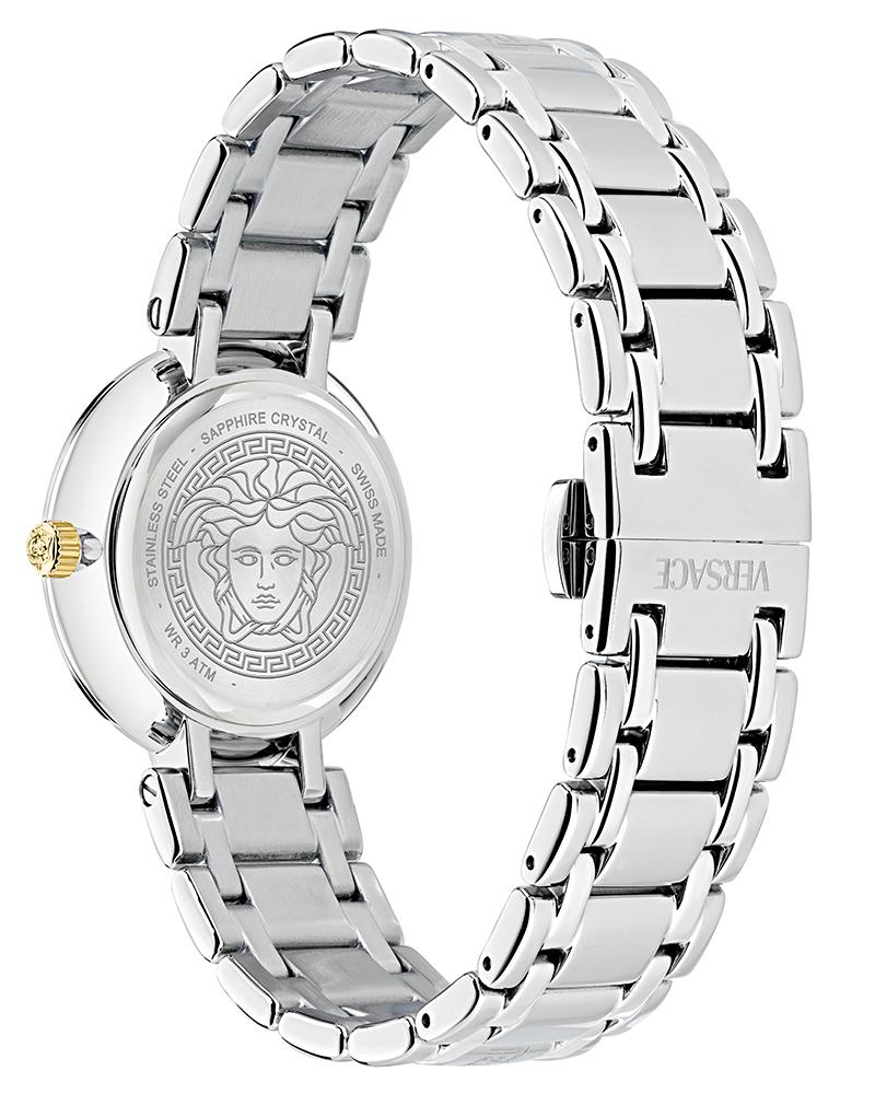 Versace Antlia watch caseback showing Medusa medallion engraving and silver bracelet