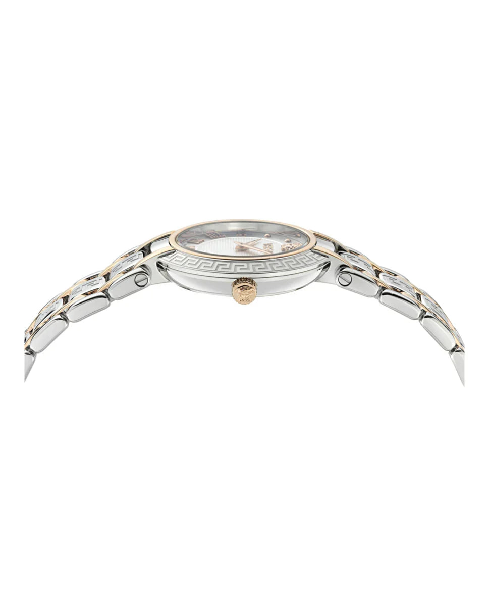 Versace Antlia watch angled view with white dial and rose gold silver bracelet