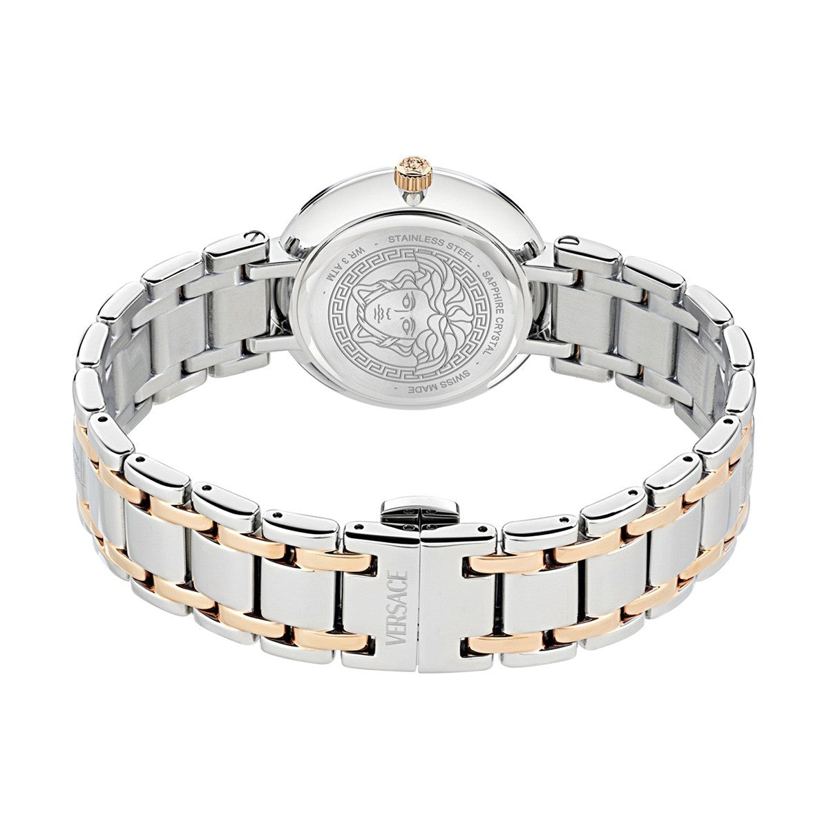 Versace Antlia watch case back showing Medusa logo and two-tone bracelet