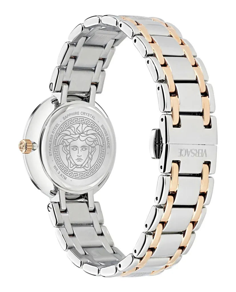 Versace Antlia watch showing side profile and two-tone rose gold silver bracelet