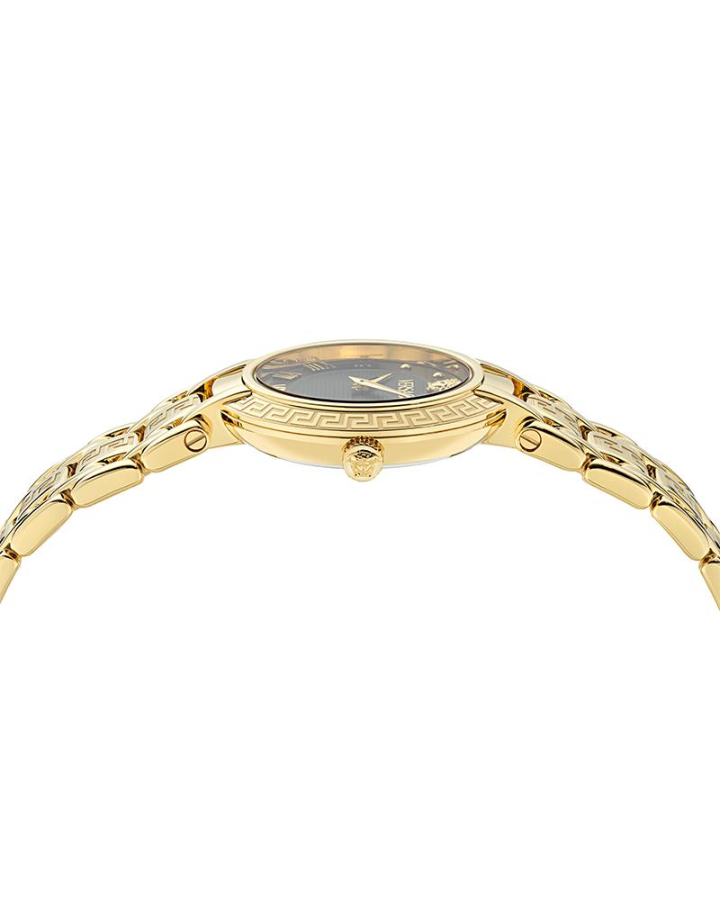 Versace Antlia watch side profile showing gold bezel with Greek key pattern and bracelet