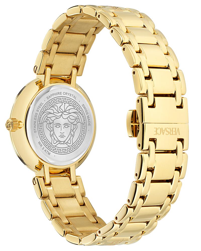 Versace Antlia caseback with engraved Medusa medallion detail and gold bracelet