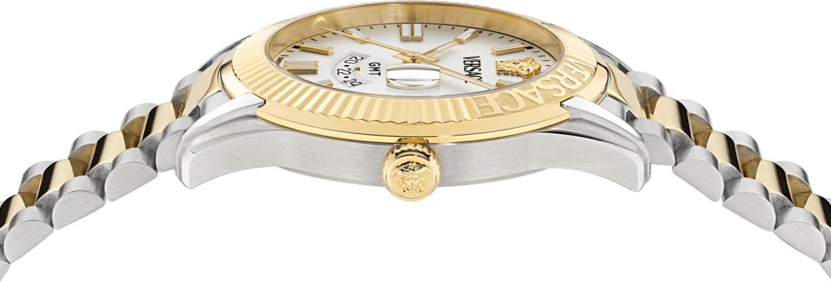 Side profile of Versace Apodis watch showing two-tone gold and silver case with fluted bezel