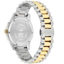 Caseback of Versace Apodis watch with Medusa logo and two-tone stainless steel bracelet