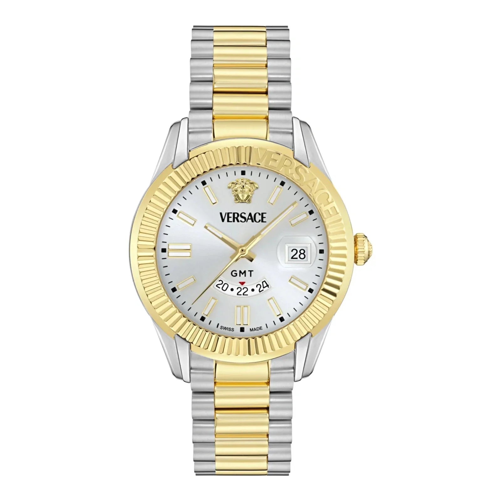 Versace Apodis GMT men's watch with silver dial, gold bezel, two-tone bracelet, and date window