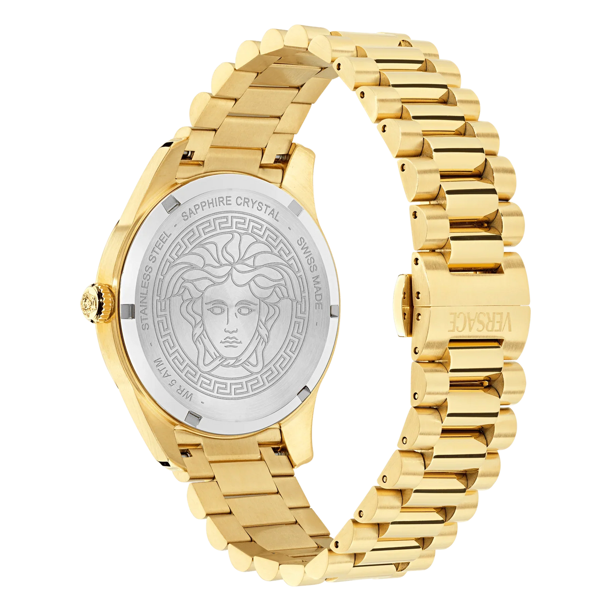 Versace Apodis GMT VE0U00525 caseback showing sapphire crystal with Medusa head motif