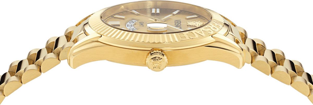 Versace Apodis GMT 41mm watch side profile showing case and all-gold bracelet