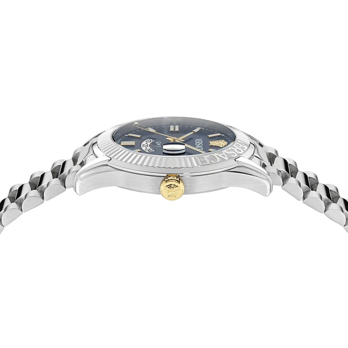 Versace Apodis watch side view showing silver bracelet and case profile