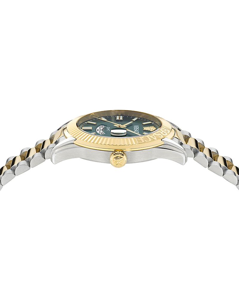 Side profile of Versace APODIS watch showing curved case with mixed metal bracelet