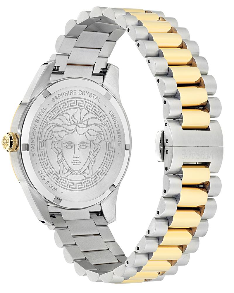 Caseback of Versace APODIS watch showing engraved Medusa head design and sapphire crystal