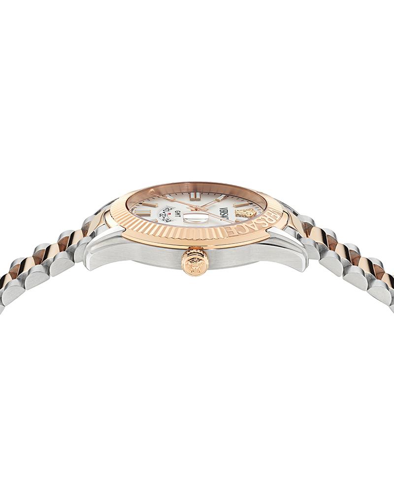 Side profile of Versace APODIS watch showing rose gold and silver-tone two-tone bracelet